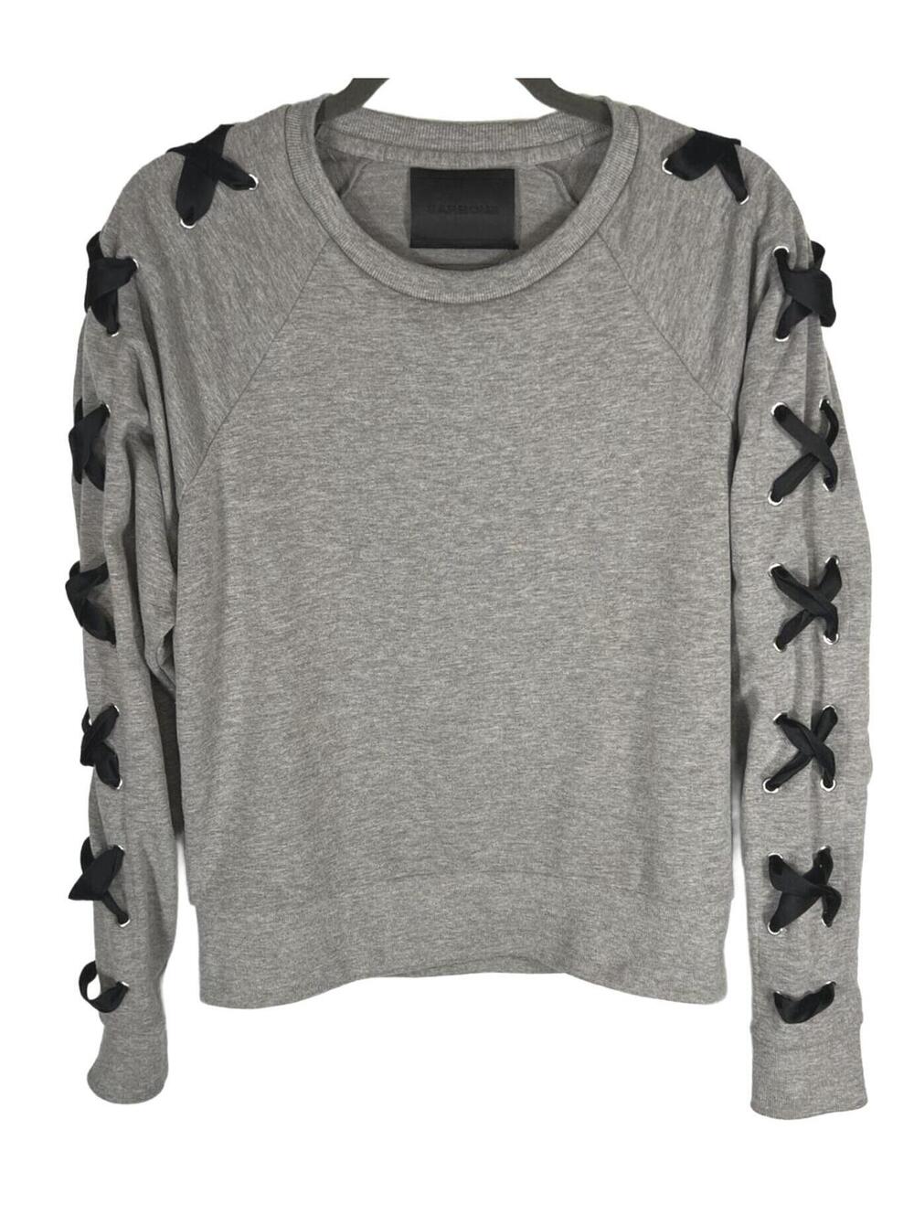 Carbon38 Gray Ribbon Lace Up Sleeve Crewneck Sweatshirt M